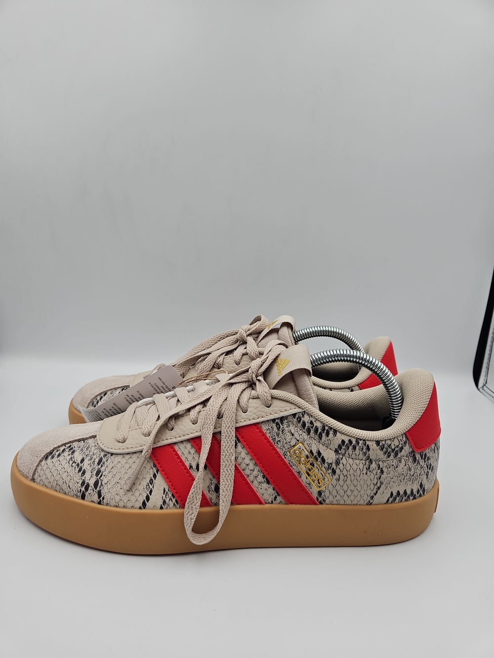 Adidas Women’s Gazelle Sneakers in Beige Snake Print with Red Stripes